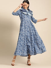 Womens Indigo Floral Printed Flared Round Neck Dress with Three quarters Sleeves  & Dupatta