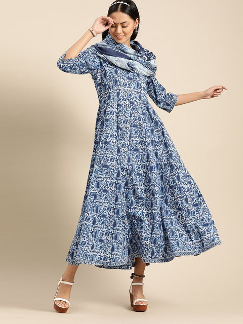 Womens Indigo Floral Printed Flared Round Neck Dress with Three quarters Sleeves  & Dupatta
