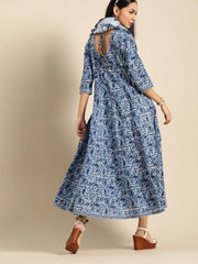 Womens Indigo Floral Printed Flared Round Neck Dress with Three quarters Sleeves  & Dupatta