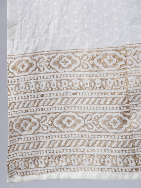 Women Off-White Block Printed Anarkali Kurta With Palazo & Dupatta