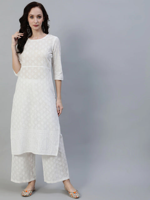 Women Off White Straight Block Print Pure Cotton Kurta & Palazzos