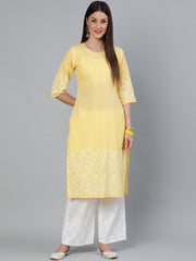 Women Yellow Block Printed Straight Kurta With Off White Plazo