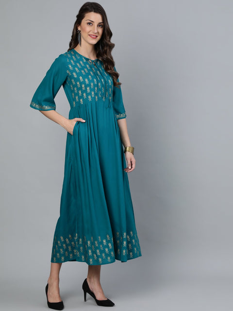 Women Green & Gold Block Printed Dress With Three Quarter Sleeves