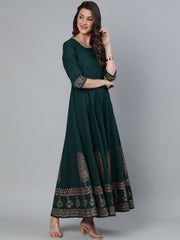 Women Green & Gold Block Printed Maxi Dress With Three Quarter Sleeves