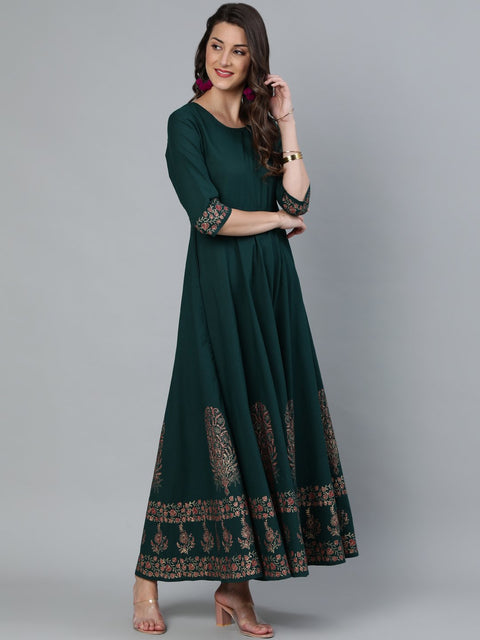 Women Green & Gold Block Printed Maxi Dress With Three Quarter Sleeves