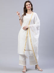 Women Off-White Block Printed Straight Kurta With Palazo & Dupatta