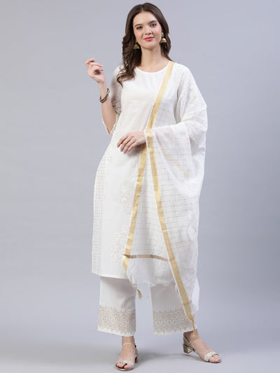 Women Off-White Block Printed Straight Kurta With Palazo & Dupatta