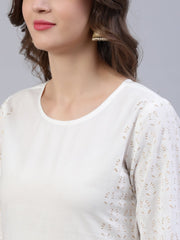 Women Off-White Block Printed Straight Kurta With Palazo & Dupatta