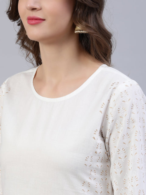 Women Off-White Block Printed Straight Kurta With Palazo & Dupatta