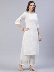 Women Off-White Block Printed Straight Kurta With Palazo & Dupatta