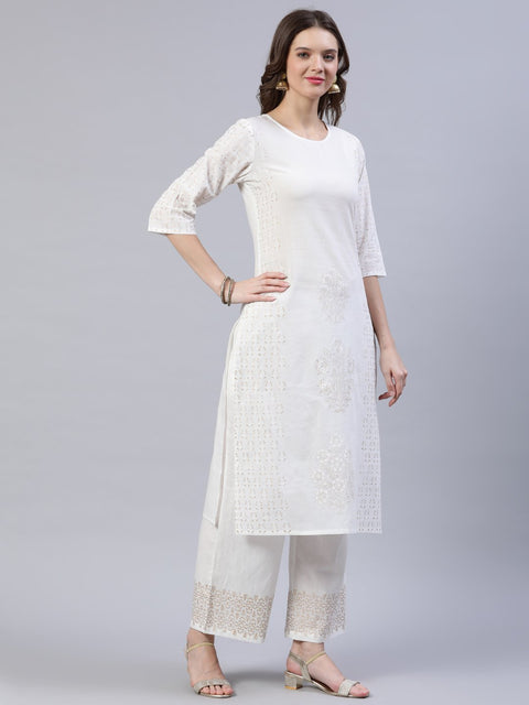 Women Off-White Block Printed Straight Kurta With Palazo & Dupatta