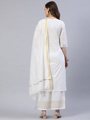 Women Off-White Block Printed Straight Kurta With Palazo & Dupatta
