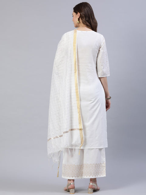 Women Off-White Block Printed Straight Kurta With Palazo & Dupatta