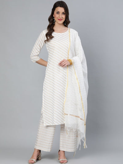 Women Off White & Gold printed Straight Kurta With Plazo & Dupatta
