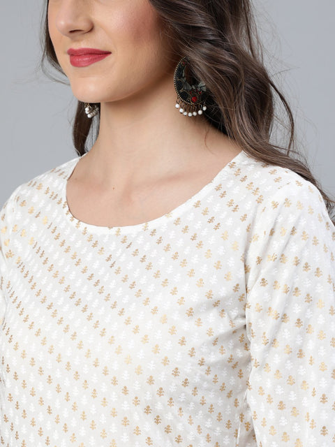 Women Off White & Gold printed Straight Kurta With Plazo & Dupatta