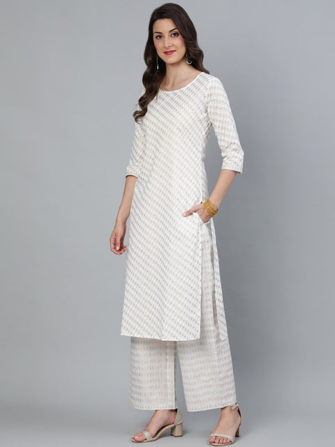 Women Off White & Gold printed Straight Kurta With Plazo & Dupatta