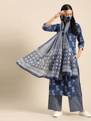Women Indigo Three-Quarter Sleeves Straight Kurta With Palazzo & Striped Dupatta