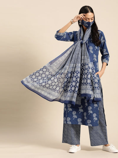 Women Indigo Three-Quarter Sleeves Straight Kurta With Palazzo & Striped Dupatta