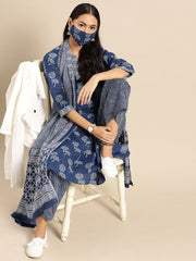 Women Indigo Three-Quarter Sleeves Straight Kurta With Palazzo & Striped Dupatta