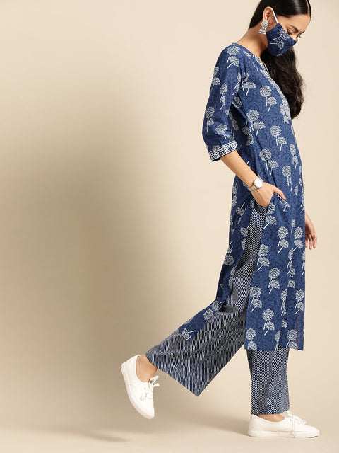 Women Indigo Three-Quarter Sleeves Straight Kurta With Palazzo & Striped Dupatta