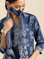 Women Indigo Three-Quarter Sleeves Straight Kurta With Palazzo & Striped Dupatta