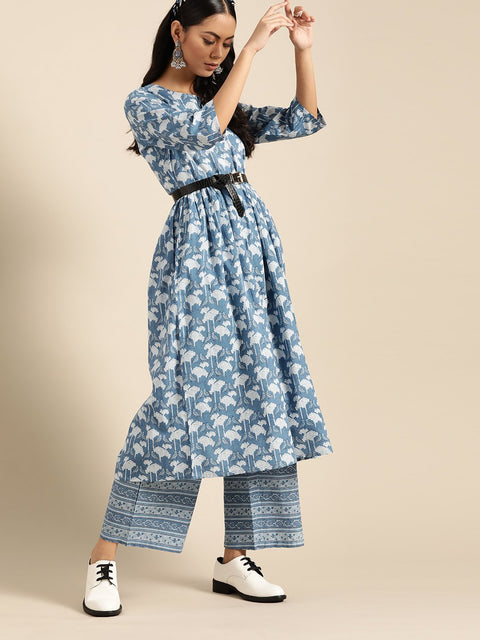 Women Indigo Three-Quarter Sleeves Straight Kurta With Palazzo