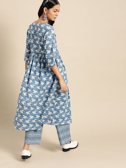 Women Indigo Three-Quarter Sleeves Straight Kurta With Palazzo