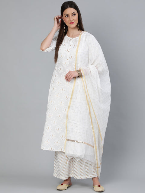 Women Off-White & Gold Printed A-line  Kurta With Plazzo & Dupatta