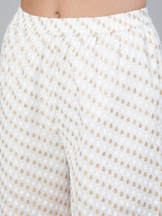 Women Off-White & Gold Printed A-line  Kurta With Plazzo & Dupatta