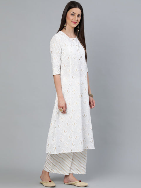 Women Off-White & Gold Printed A-line  Kurta With Plazzo & Dupatta