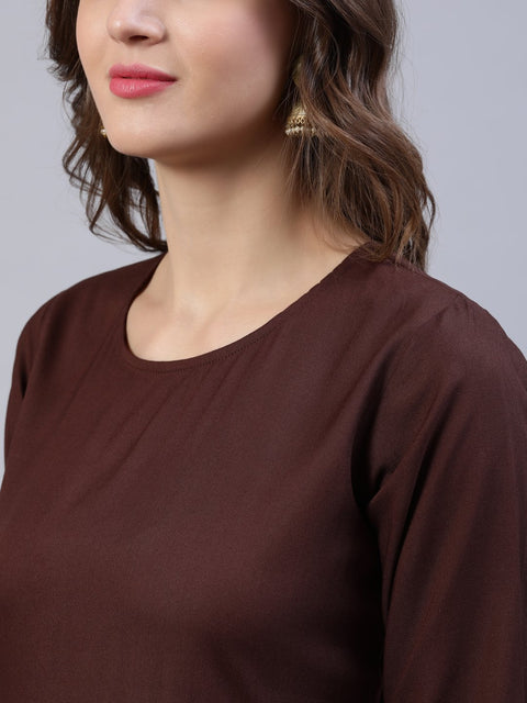 Women Brown Block Printed Dress With Chanderi Dupatta