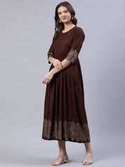 Women Brown Block Printed Dress With Chanderi Dupatta
