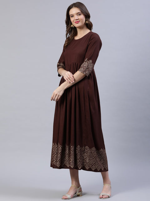Women Brown Block Printed Dress With Chanderi Dupatta