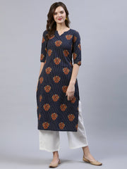 Women Navy Blue Printed Straigh Kurta With Plazzo