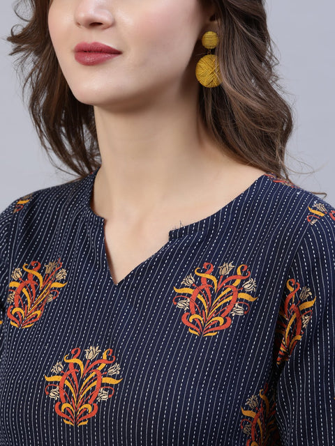 Women Navy Blue Printed Straigh Kurta With Plazzo