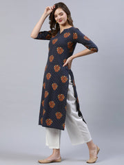 Women Navy Blue Printed Straigh Kurta With Plazzo