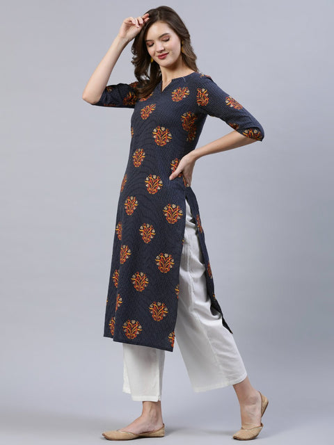 Women Navy Blue Printed Straigh Kurta With Plazzo