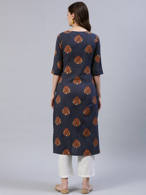 Women Navy Blue Printed Straigh Kurta With Plazzo