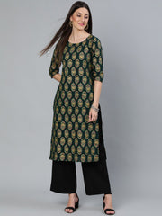 Women Dark Green & Gold Printed Straight Kurta With Round Neck & Three Qauter Sleeves