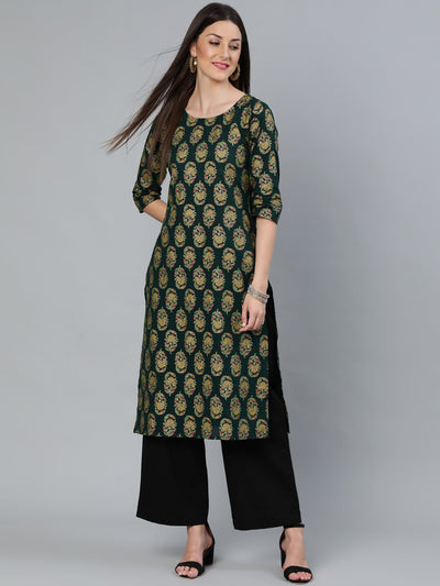 Women Dark Green & Gold Printed Straight Kurta With Round Neck & Three Qauter Sleeves