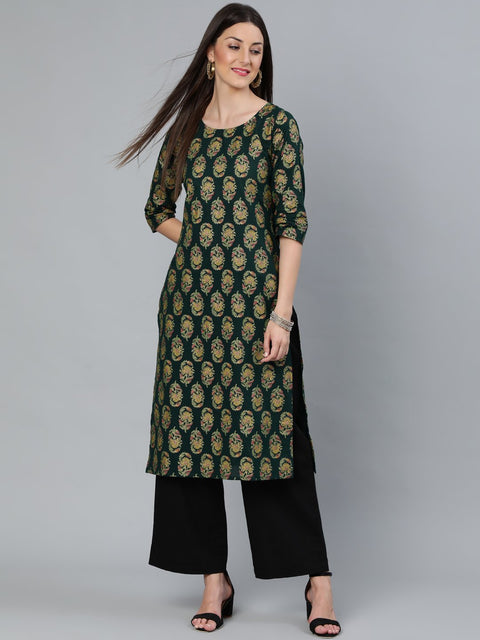 Women Dark Green & Gold Printed Straight Kurta With Round Neck & Three Qauter Sleeves