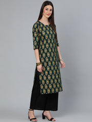 Women Dark Green & Gold Printed Straight Kurta With Round Neck & Three Qauter Sleeves