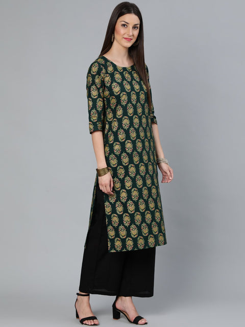 Women Dark Green & Gold Printed Straight Kurta With Round Neck & Three Qauter Sleeves