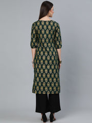 Women Dark Green & Gold Printed Straight Kurta With Round Neck & Three Qauter Sleeves