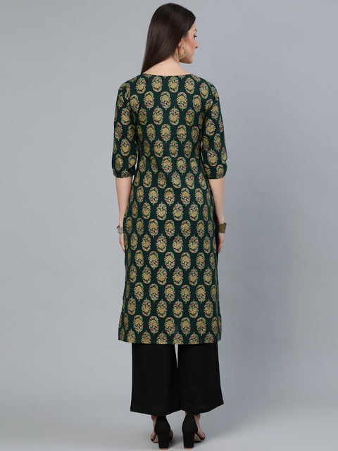 Women Dark Green & Gold Printed Straight Kurta With Round Neck & Three Qauter Sleeves