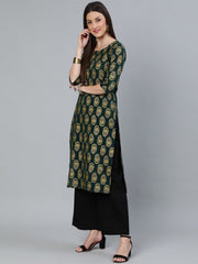 Women Dark Green & Gold Printed Straight Kurta With Round Neck & Three Qauter Sleeves