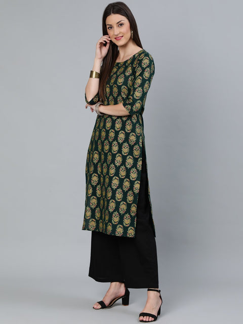 Women Dark Green & Gold Printed Straight Kurta With Round Neck & Three Qauter Sleeves