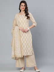 Women Beige Printed Straight Kurta With Plazo & Dupatta