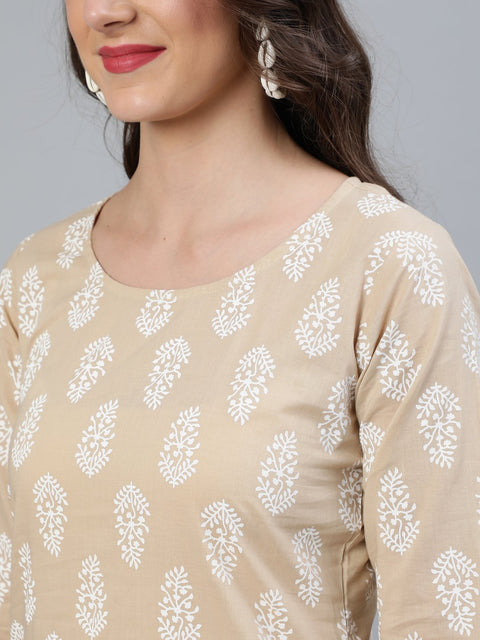 Women Beige Printed Straight Kurta With Plazo & Dupatta