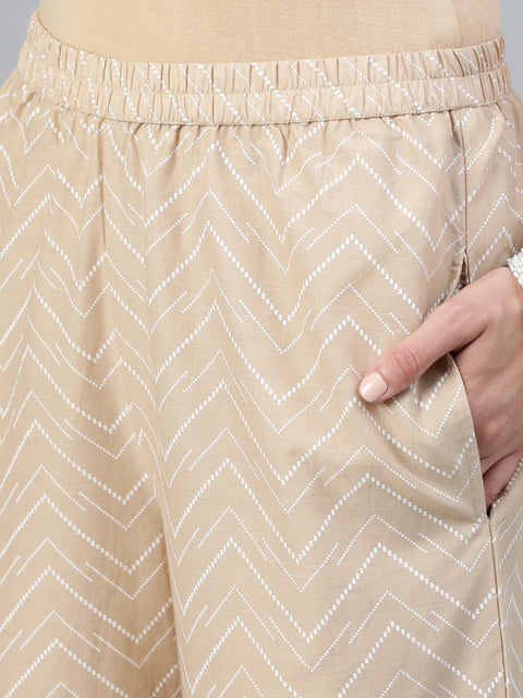 Women Beige Printed Straight Kurta With Plazo & Dupatta